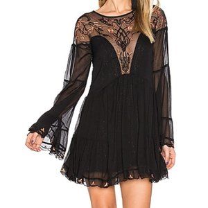 Free People - Black  Panama City embroidered Long/Bell sleeve Minidress | SMALL